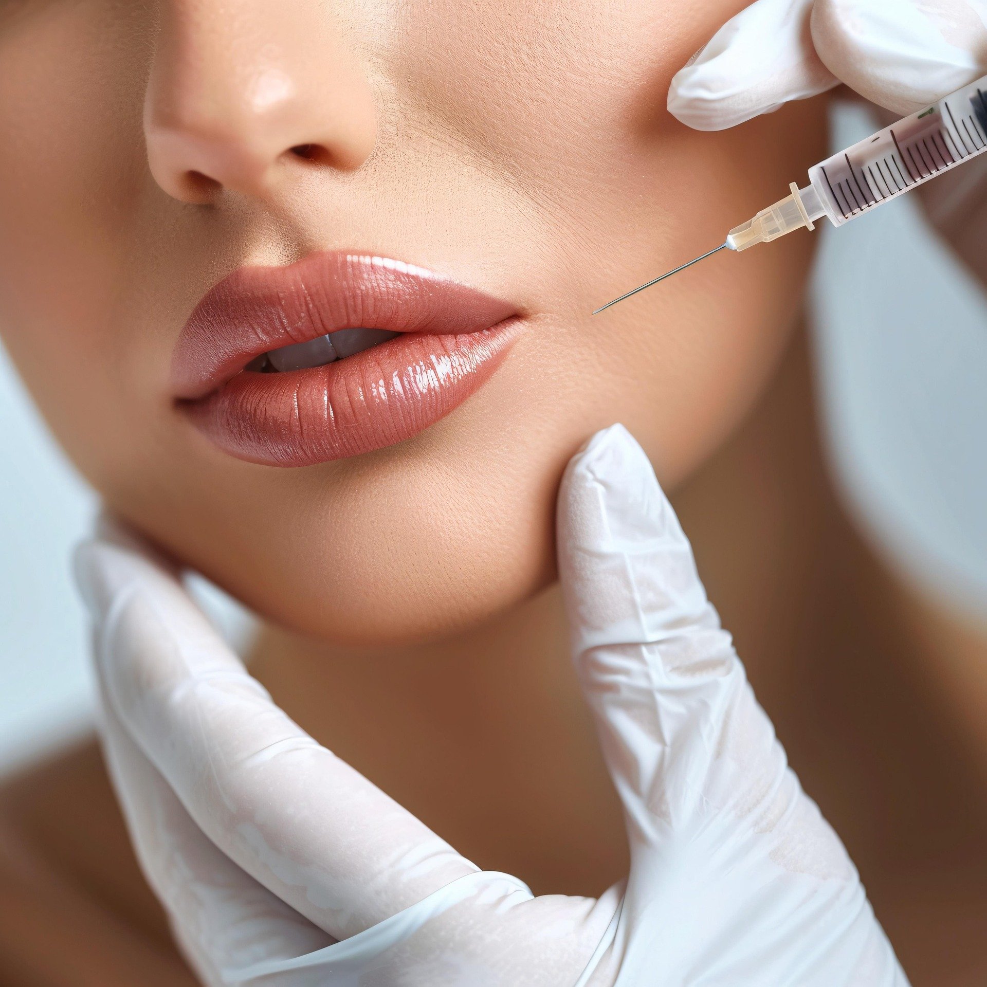 Close-up of a woman receiving a cosmetic injection in her cheek, with medical gloves and a syringe visible.
