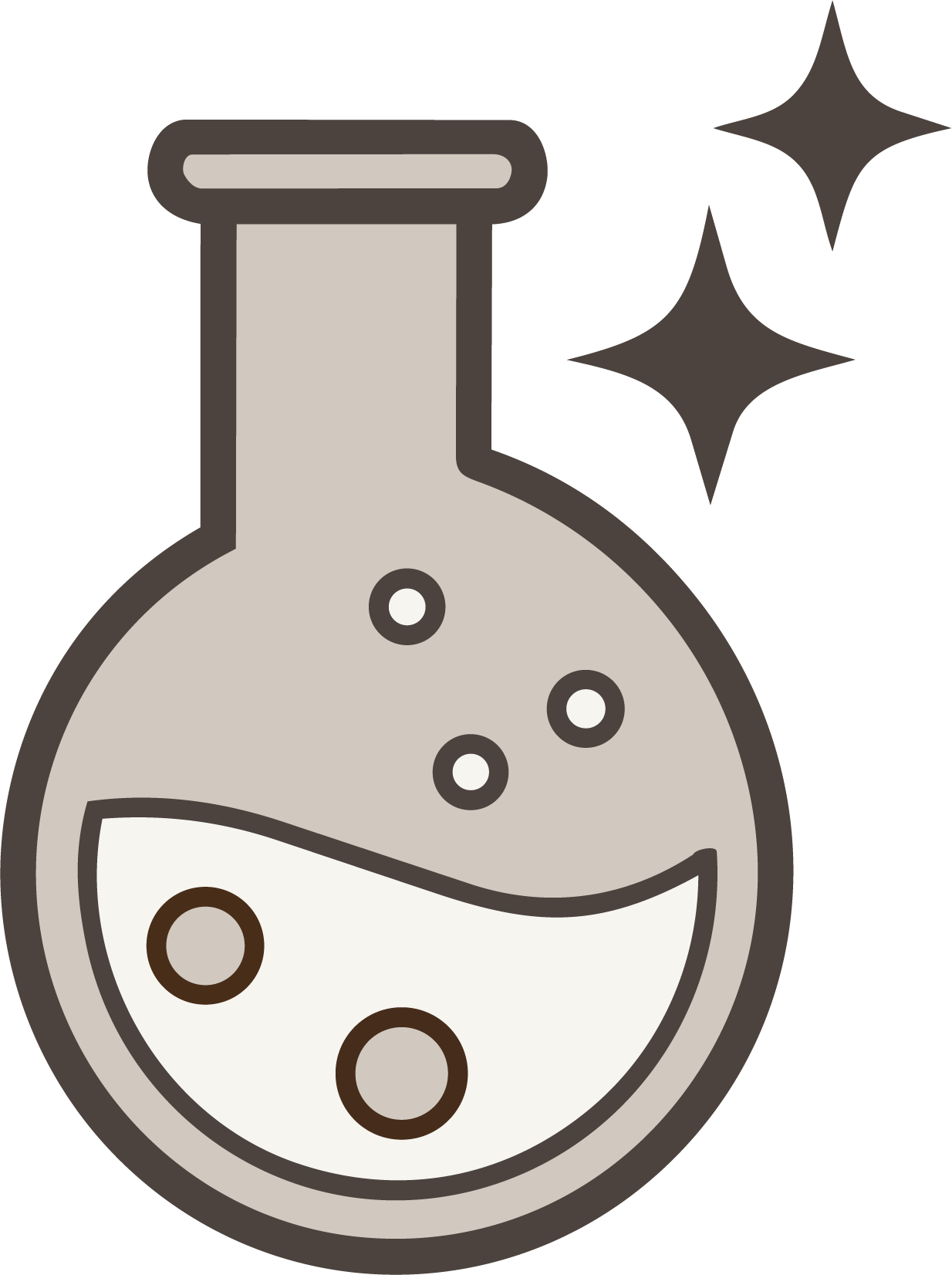 Illustration of a laboratory flask with bubbles and sparkling stars to indicate cleanliness or magic.