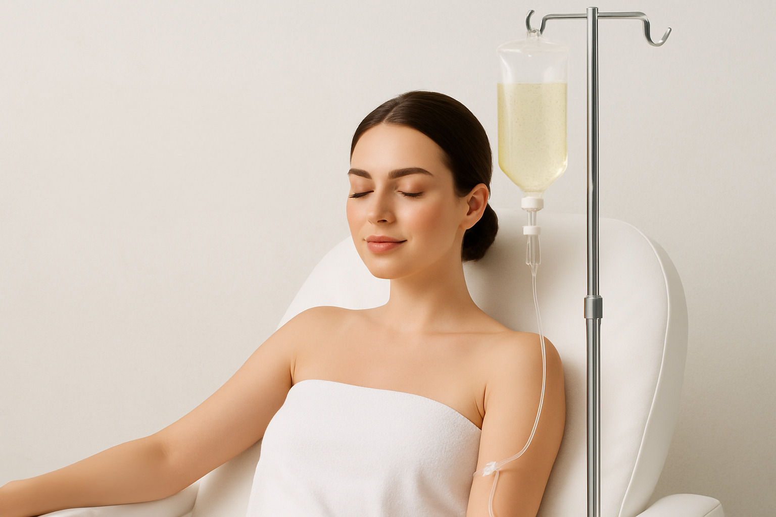 A woman with brown hair resting at a medical facility with eyes closed, wearing a white towel, connected to an IV drip filled with yellow fluid.