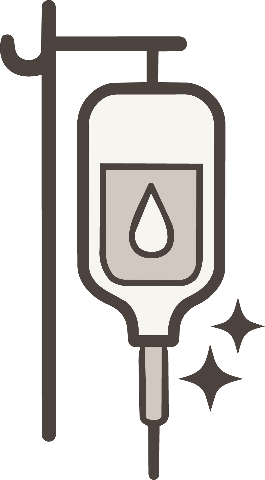Illustration of an IV drip with a drop symbol on the bag and sparkles around it.