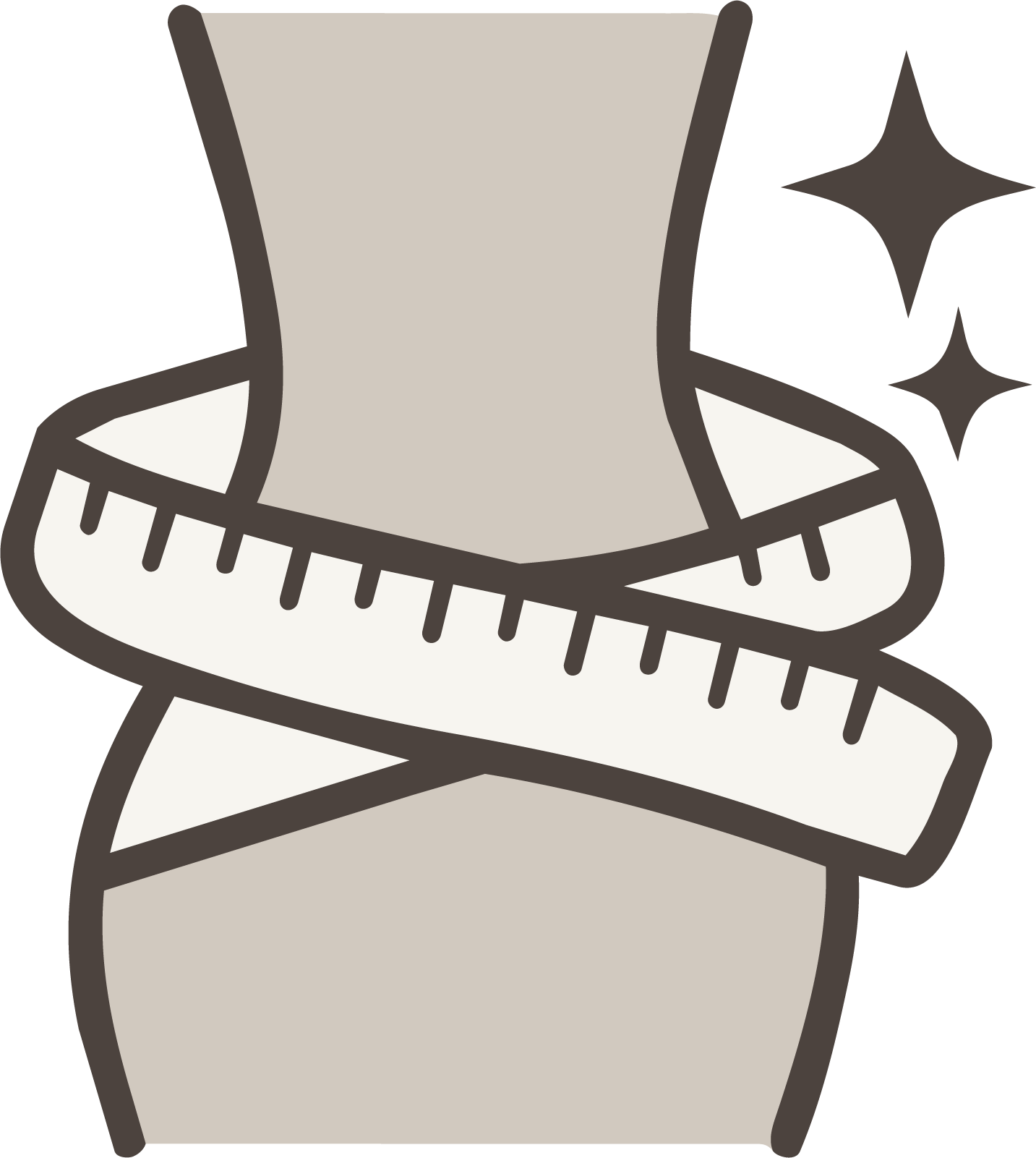 A cartoon illustration of a person standing with arms crossed, wearing a gray shirt, with a measuring tape around their waist, and sparkles indicating cleanliness or freshness.