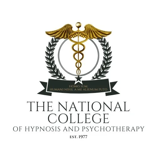 Logo of the National College of Hypnosis and Psychotherapy featuring a caduceus with wings, a laurel wreath, and a Latin motto, established in 1977.