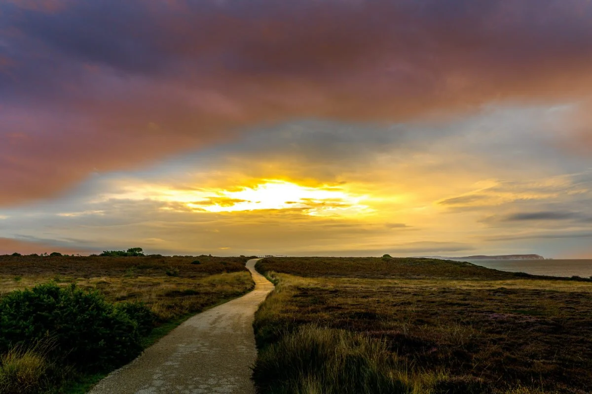 A winding path through open grassland leading toward the horizon with a dramatic sunset sky filled with colorful clouds.