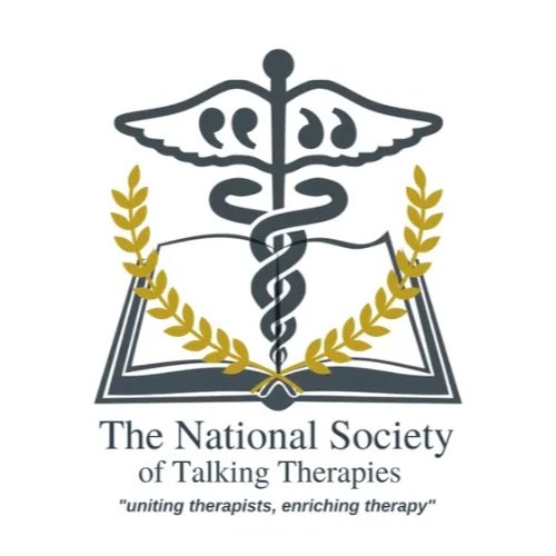 Logo of The National Society of Talking Therapies featuring a caduceus with wings, a book, and laurel branches.