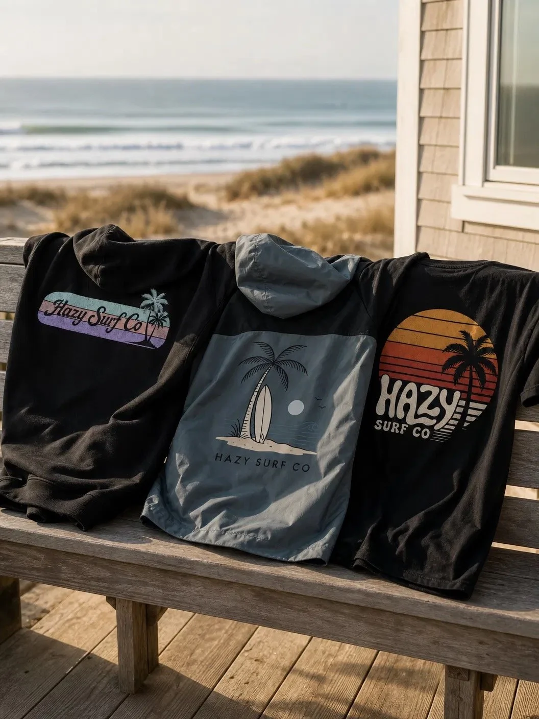 Three T-shirts with surf brand logos draped over a wooden bench on a porch, overlooking a beach with sand dunes, dry grass, and the ocean in the background.
