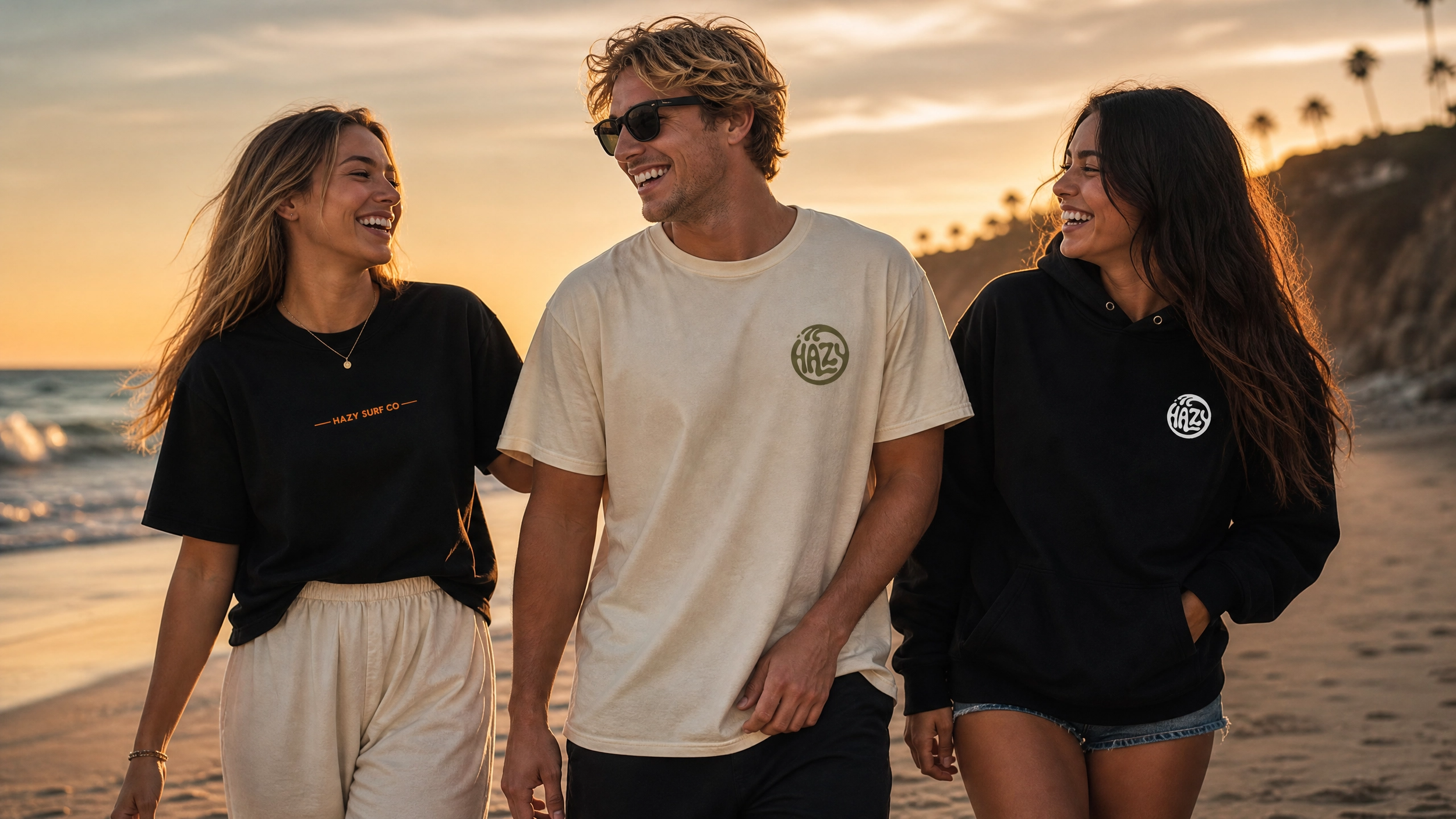 Three young adults walking along the beach at sunset, smiling and enjoying each other's company, wearing casual clothing with logo prints.
