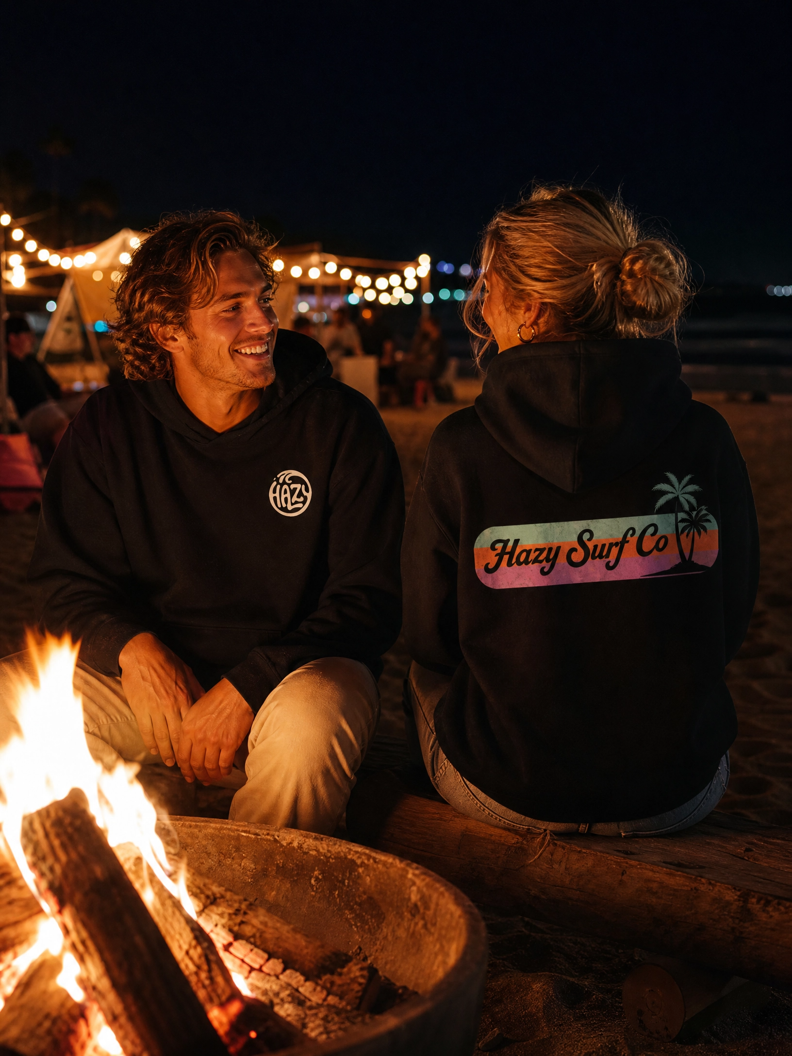 Two people sitting near a beach bonfire at night, smiling and engaging in conversation, with string lights overhead and other people in the background.