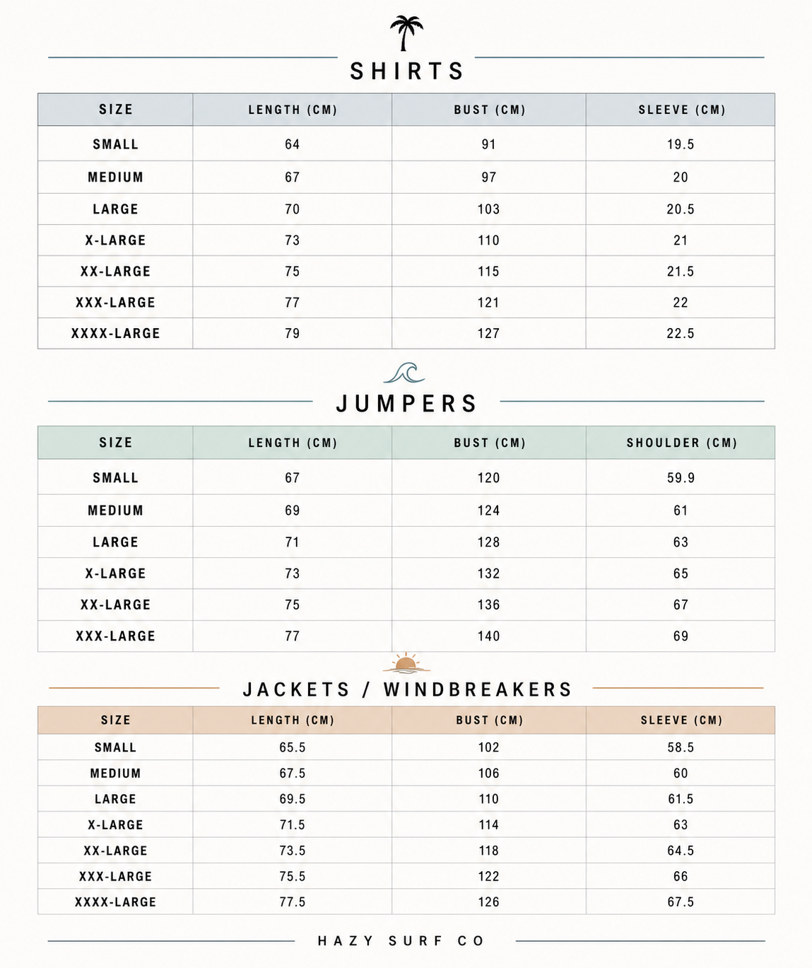 Size charts for shirts, jumpers, and jackets/windbreakers, with measurements in centimeters for each size from small to XXX-large, including dimensions for length, bust, shoulders, and sleeves.