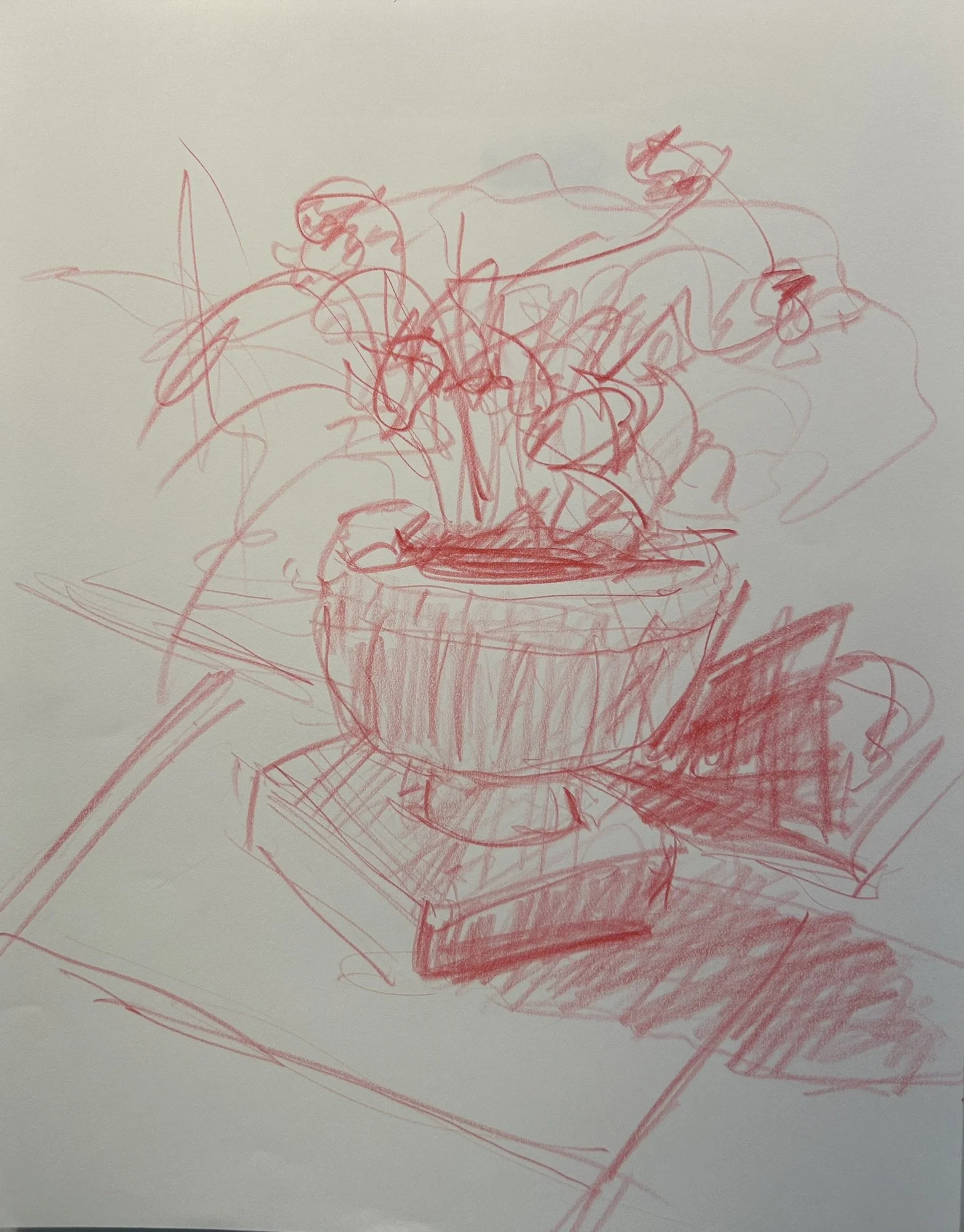 Vase of Flowers, 2025 (11" x 8.5"; red pencil on paper; unframed)