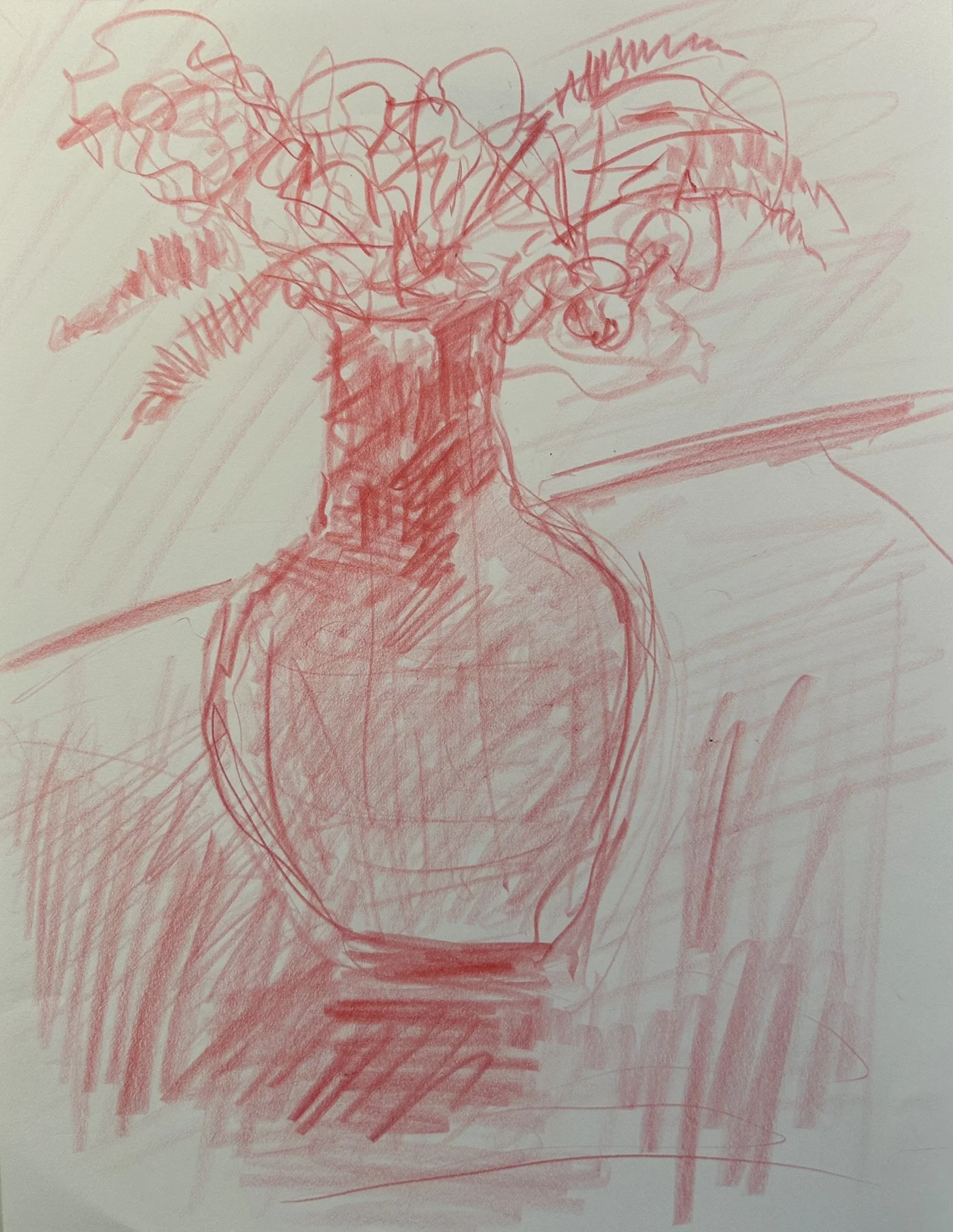 Vase of Flowers 2, 2025 (11" x 8.5"; red pencil on paper; unframed)