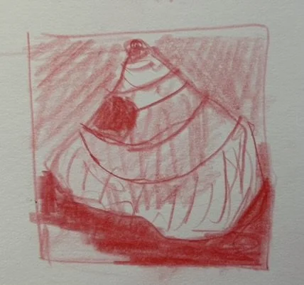 Shell, 2026 (2.5" x 2.5"; red pencil on paper; unframed)
