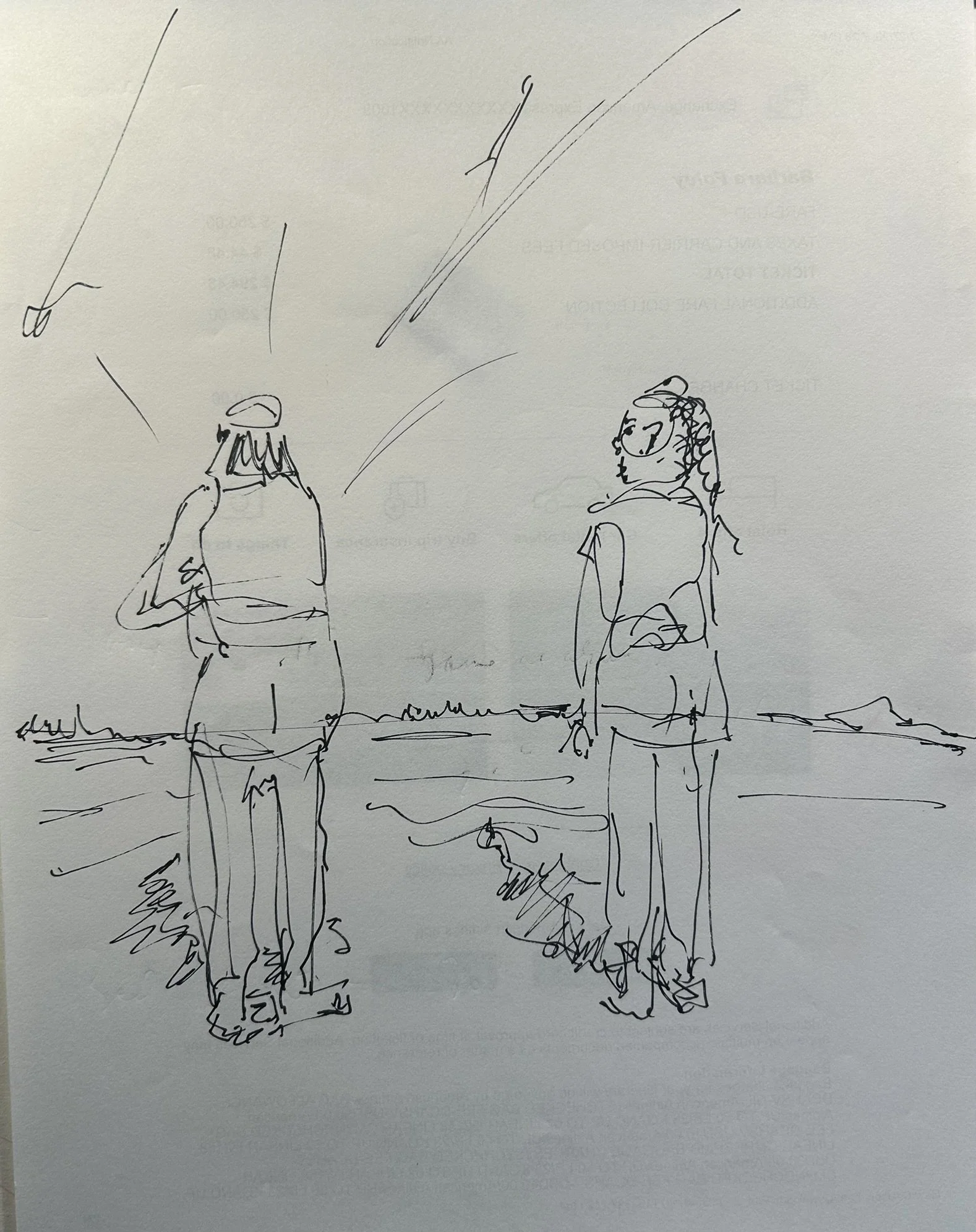 Two Figures on Beach, 2025 (11" x 8.5"; ink on paper; unframed)