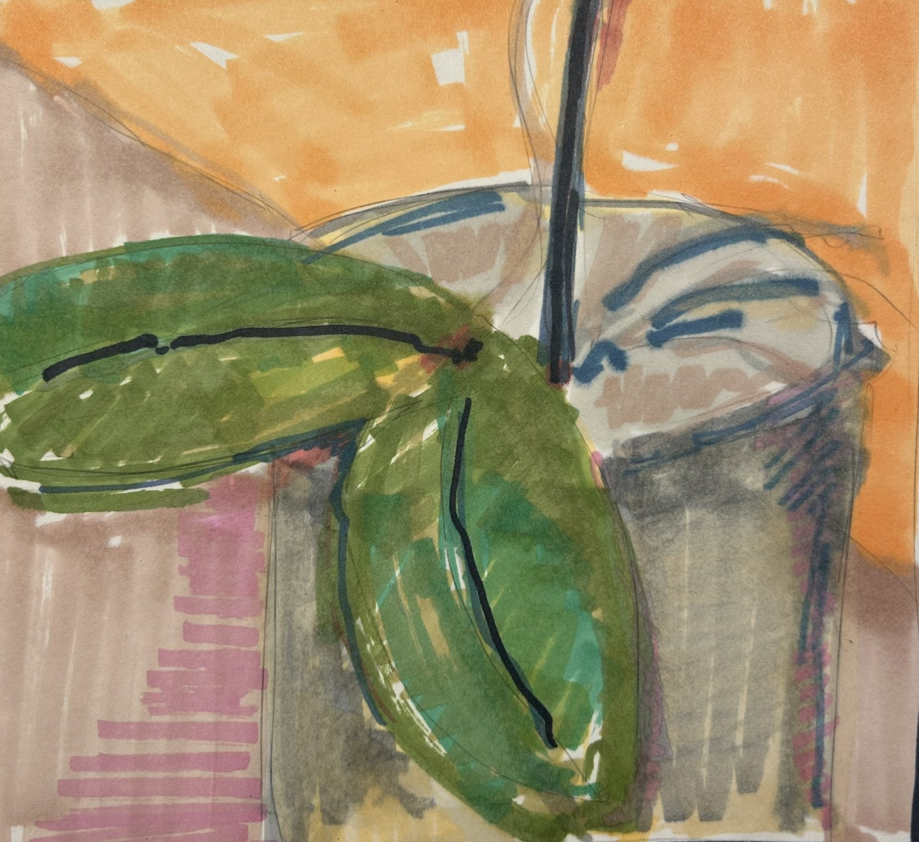 A colorful, abstract watercolor painting of a banana with a green leafy stem, set against a warm yellow and orange background with some pink accents.
