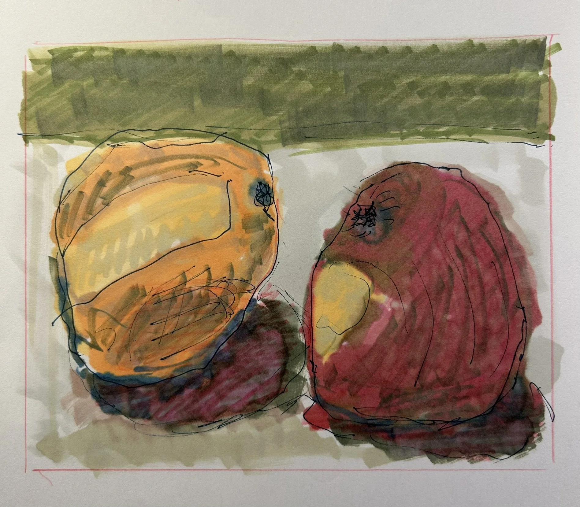 Orange and Apple, 2025 (4.5" x 5.5"; pen on paper; unframed)