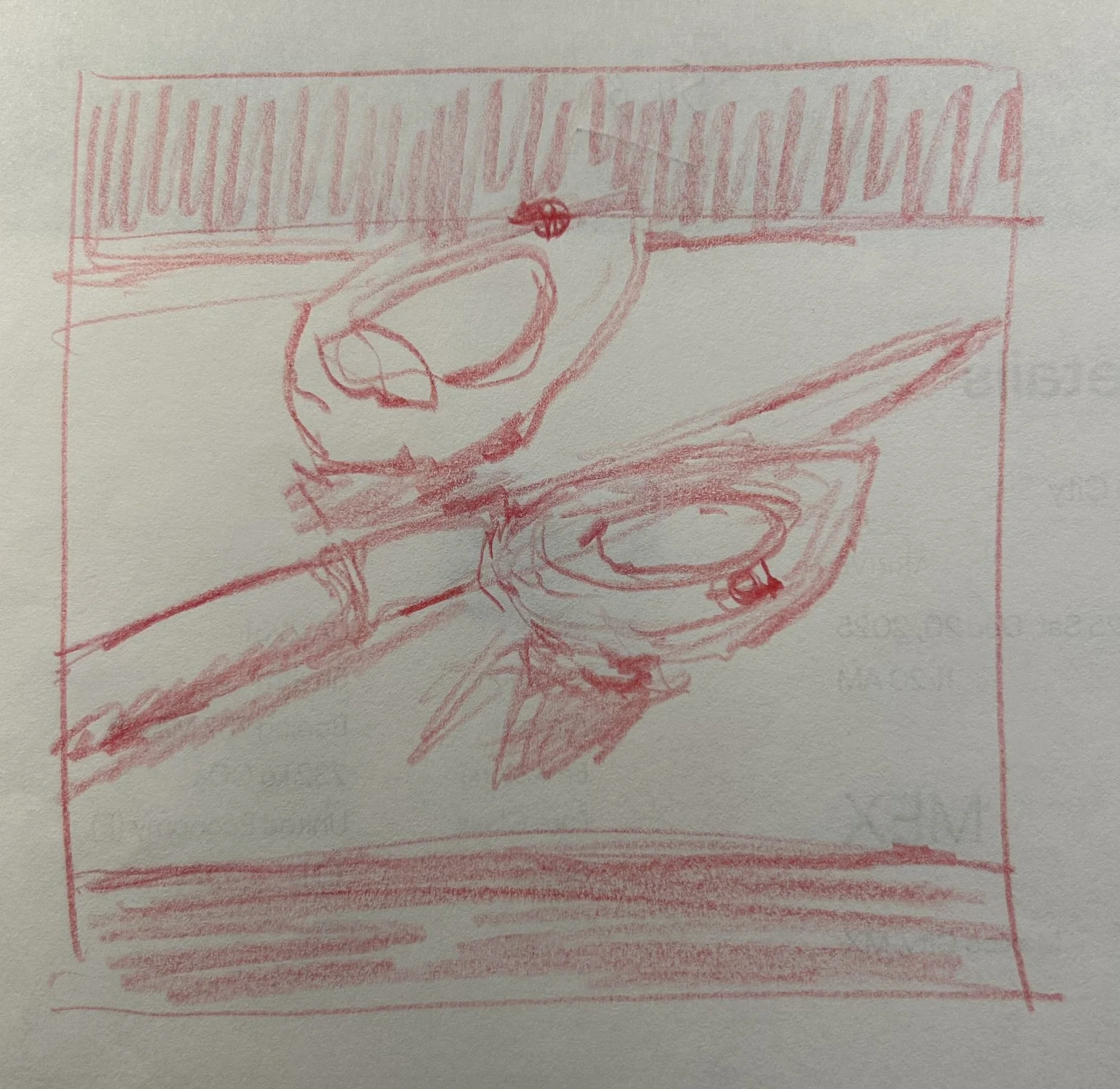 Avocados and Knife, 2025 (4.5" x 4.5"; red pencil on paper; unframed)
