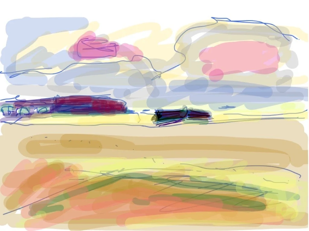Abstract landscape with sky, clouds, and fields in pastel colors.