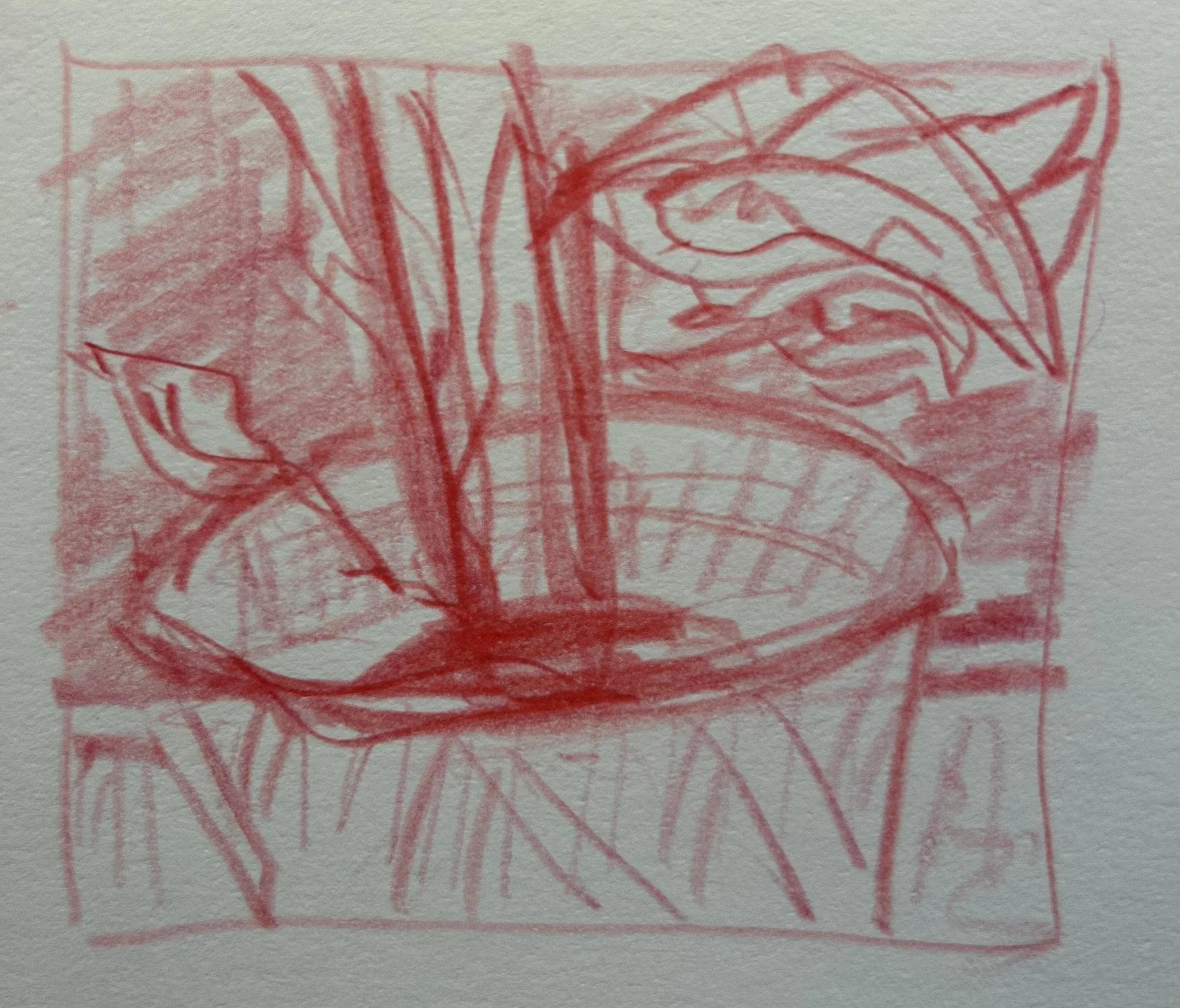 Potted Plant, Expressive Leaf, 2026 (3" x 2.75"; red pencil on paper; unframed)