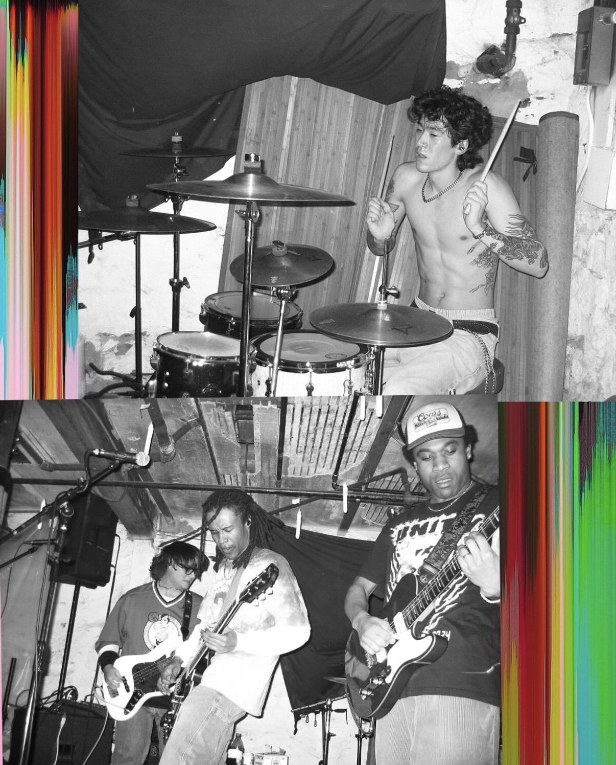 A black-and-white photo of a band performing in a small venue. The top part shows a shirtless drummer with tattoos playing drums, and the bottom part shows three guitarists playing electric guitars on stage.