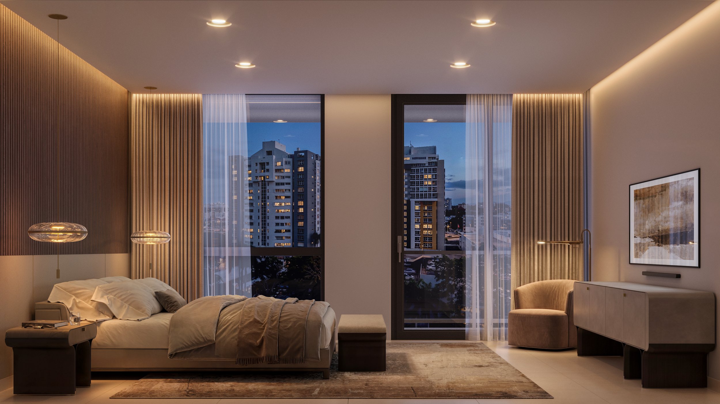 Modern bedroom with large windows showing city buildings at dusk, beige and wooden decor, bed with white bedding, bedside table, wall art, and sitting area.