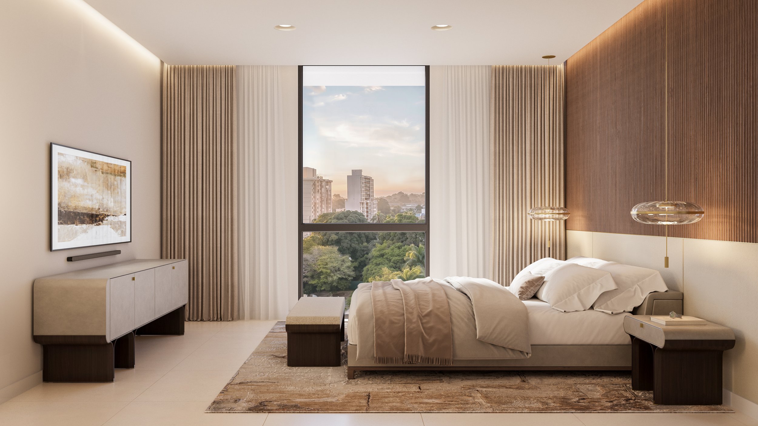 Modern bedroom with large window overlooking cityscape and greenery, beige and brown color scheme, minimalistic decor, bed with neutral bedding, wall-mounted lighting, abstract artwork on the wall.