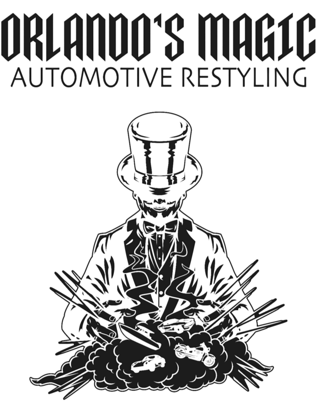 Logo for Orlando's Magic Automotive Restyling featuring a man in a suit with a top hat, surrounded by racing cars and automotive elements.