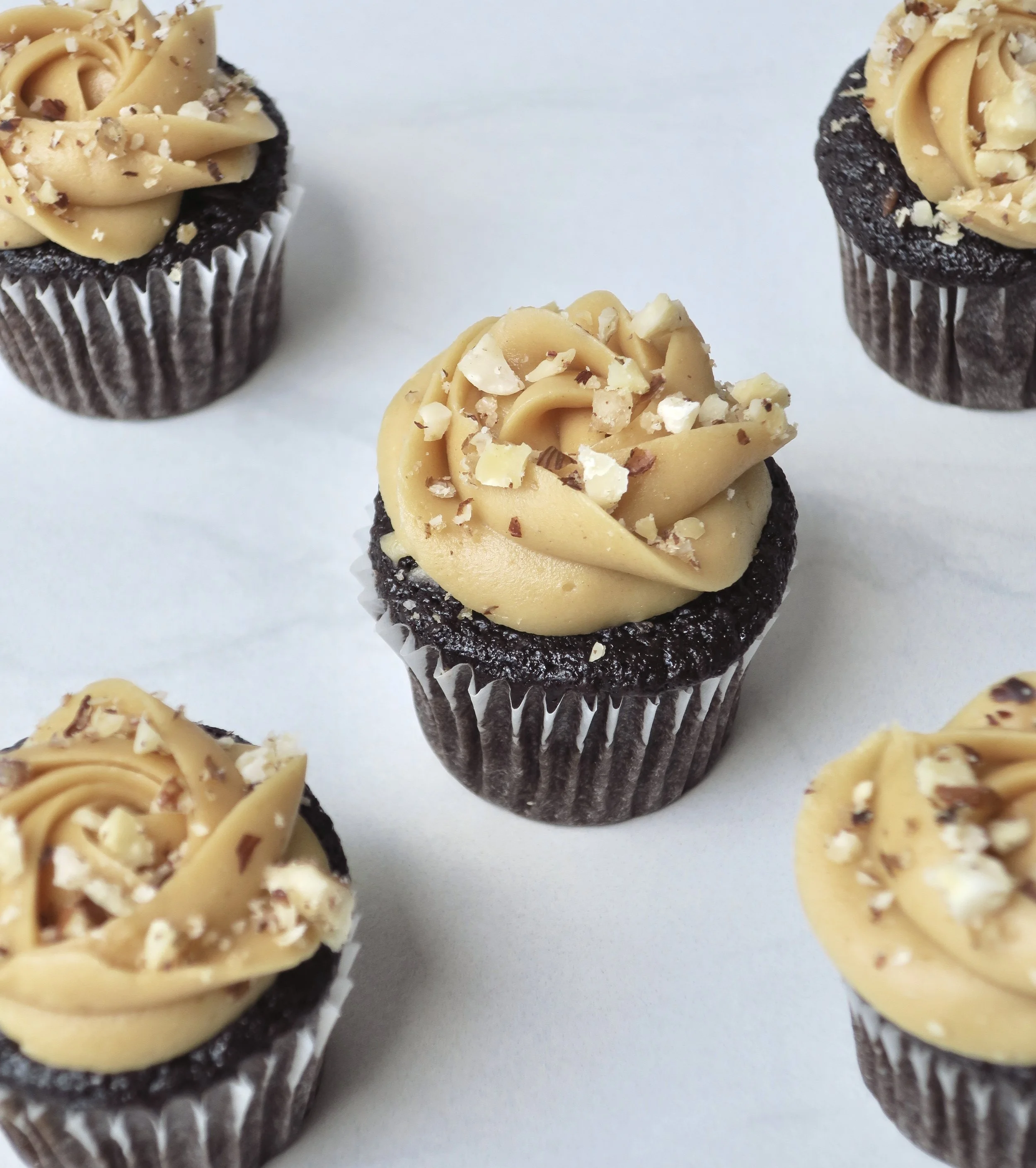 Hazelnut Praliné chocolate cupcakes with hazelnut buttercream and chopped caramelized hazelnuts