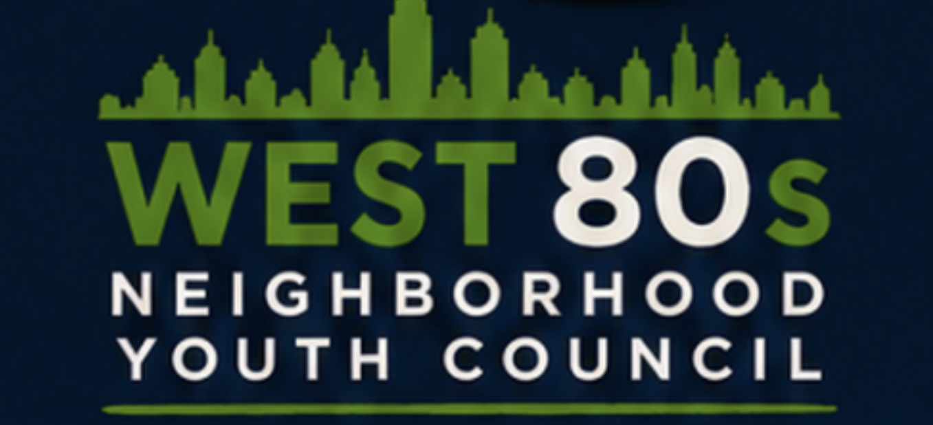 Logo for West 80s Neighborhood Youth Council with green city skyline silhouette on dark background.