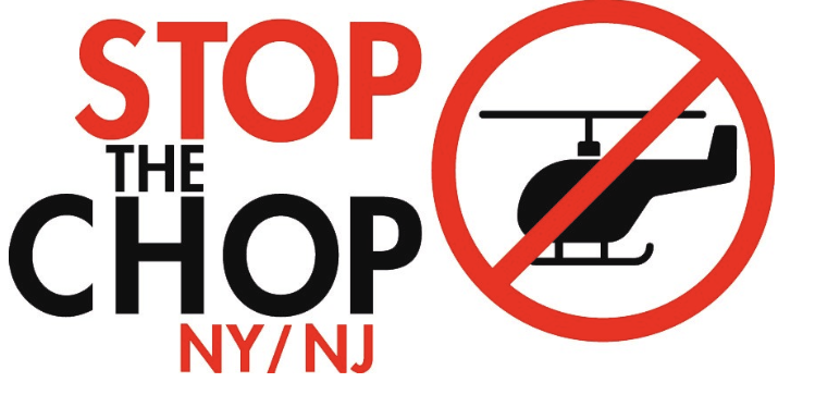 A bold sign with red and black text saying "Stop the Chop NY/NJ" alongside a helicopter crossed out with a red prohibition symbol.