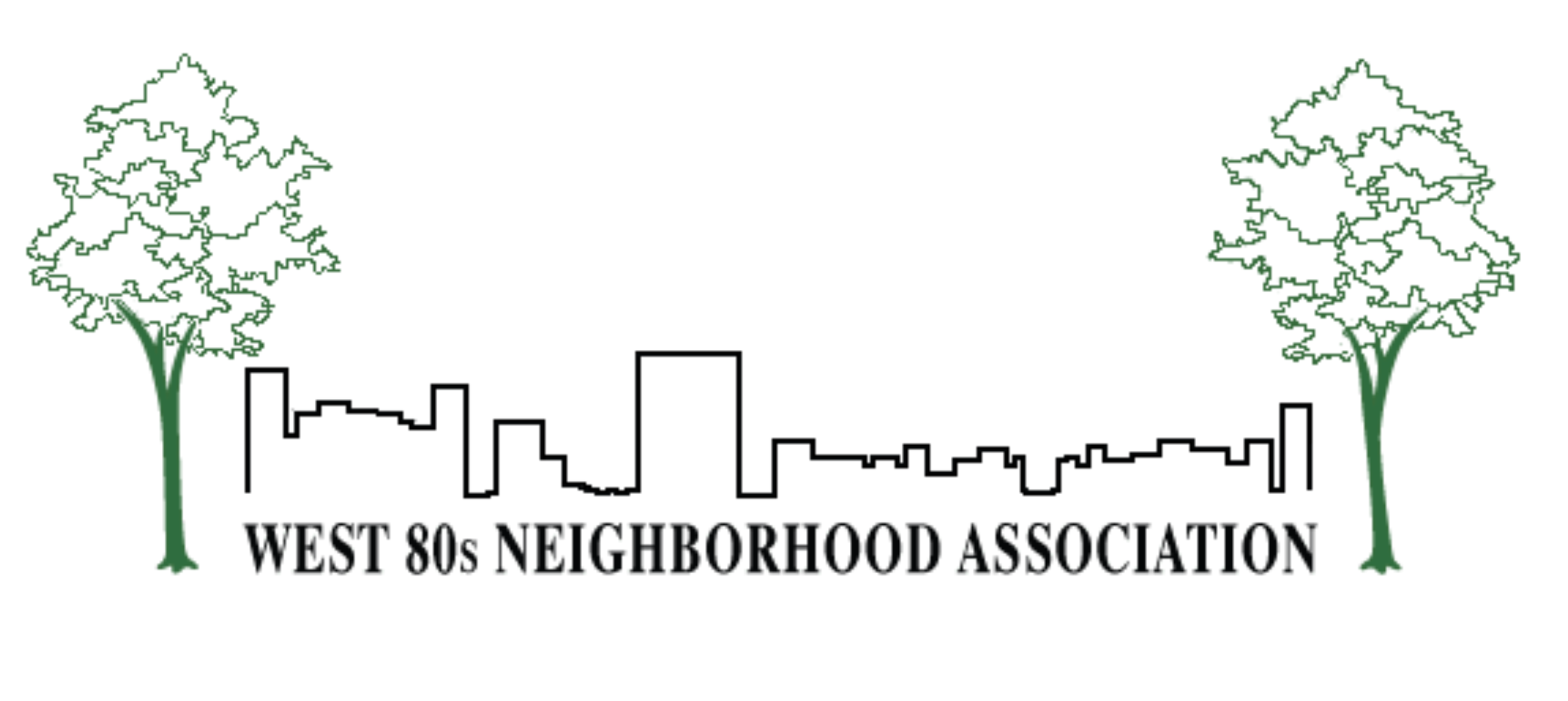 Outline of a city skyline with two trees on either side and the text 'West 80s Neighborhood Association' underneath.