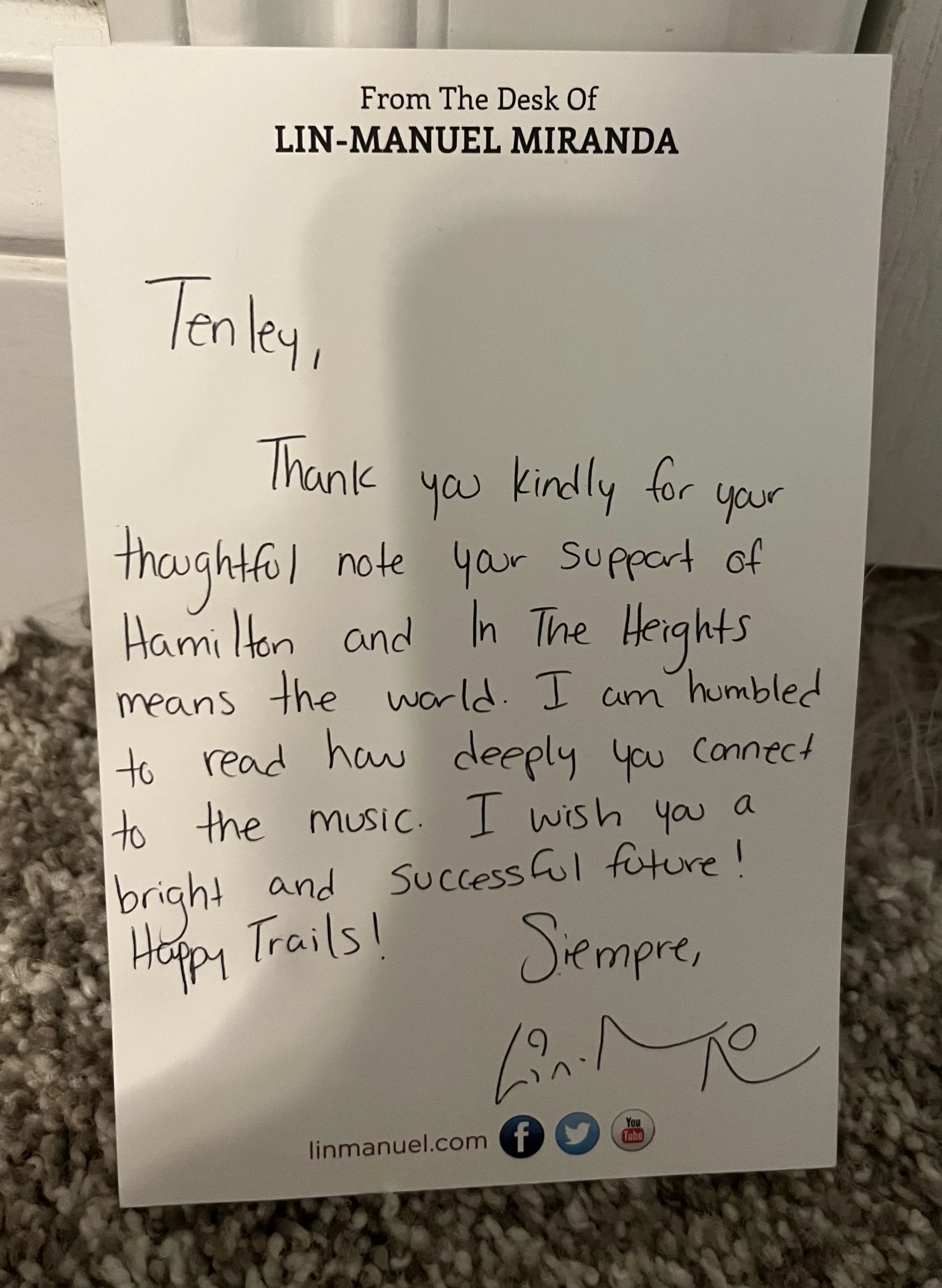 She wrote Lin-Manuel Miranda a letter. Three years later he wrote back.