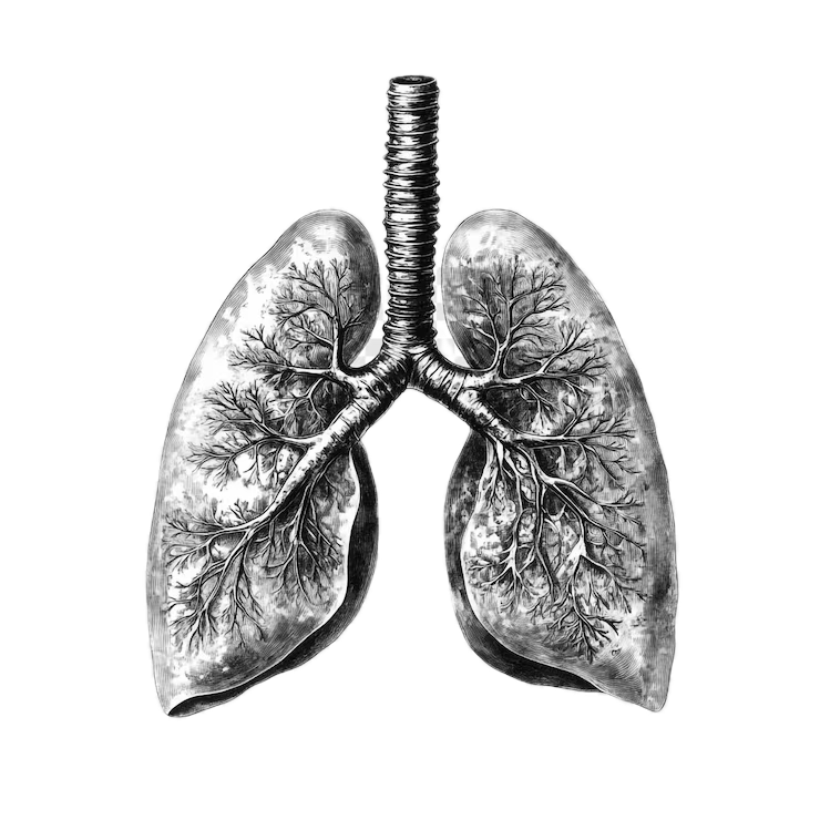 Black and white illustration of human lungs with detailed bronchial tree structure