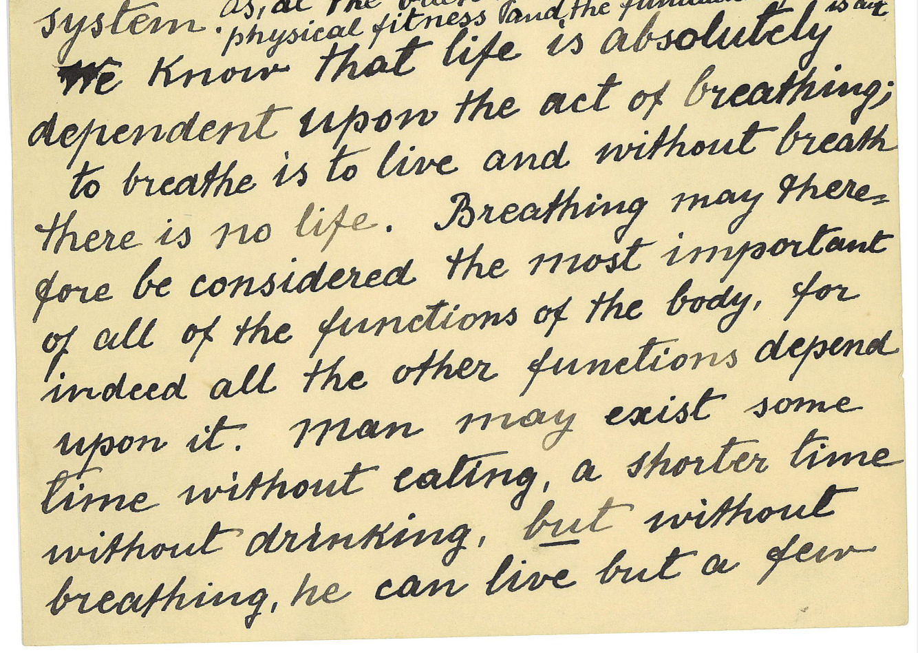 A handwritten page of text on yellowish paper discussing the importance of breathing for life and the functions of the respiratory system.