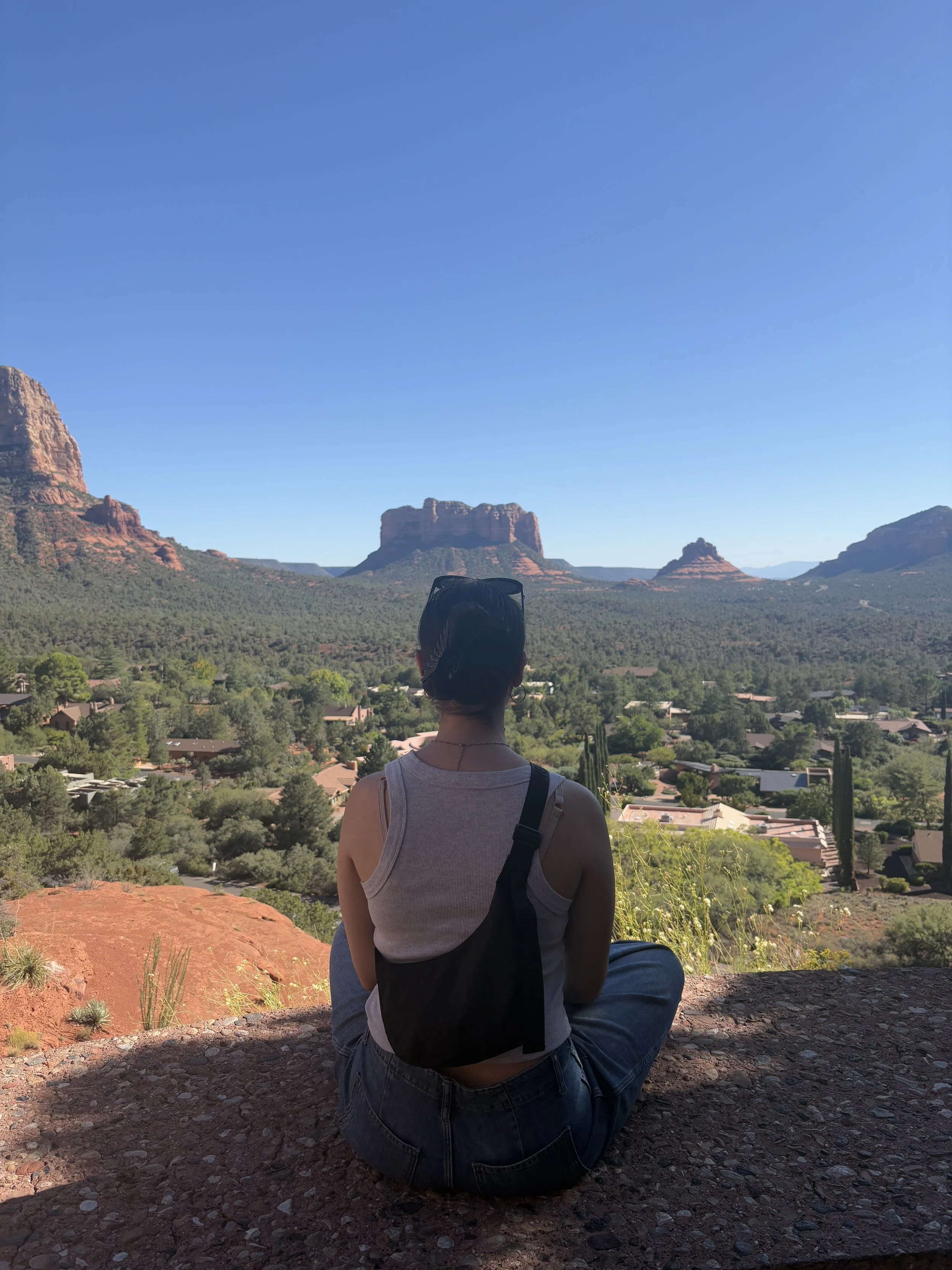 Person sitting on a rocky ledge overlooking a valley with green trees, houses, and rock formations in the distance under a clear blue sky.