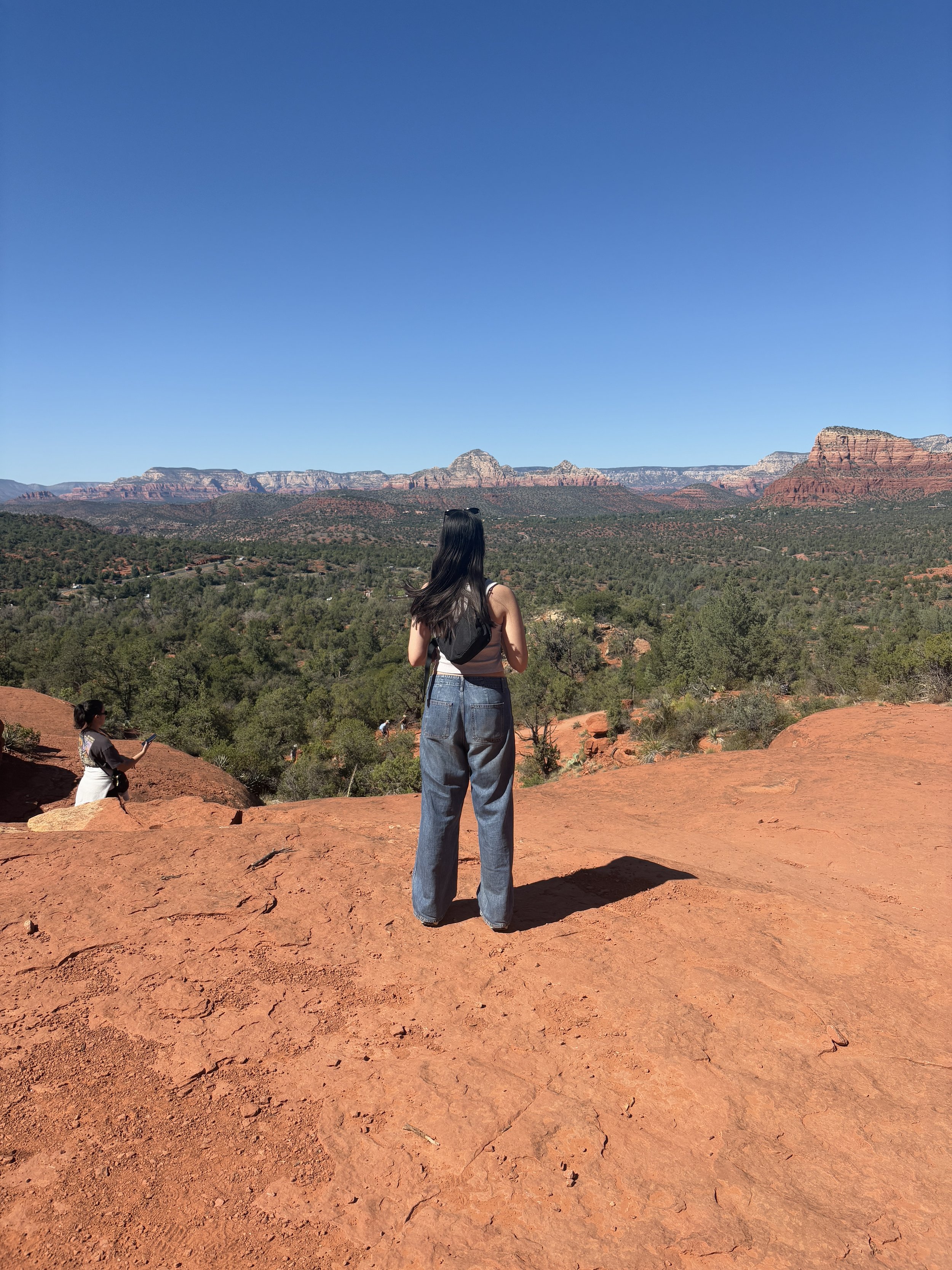 A woman with a backpack stands on red desert terrain, overlooking a green valley and red rock formations under a clear blue sky.