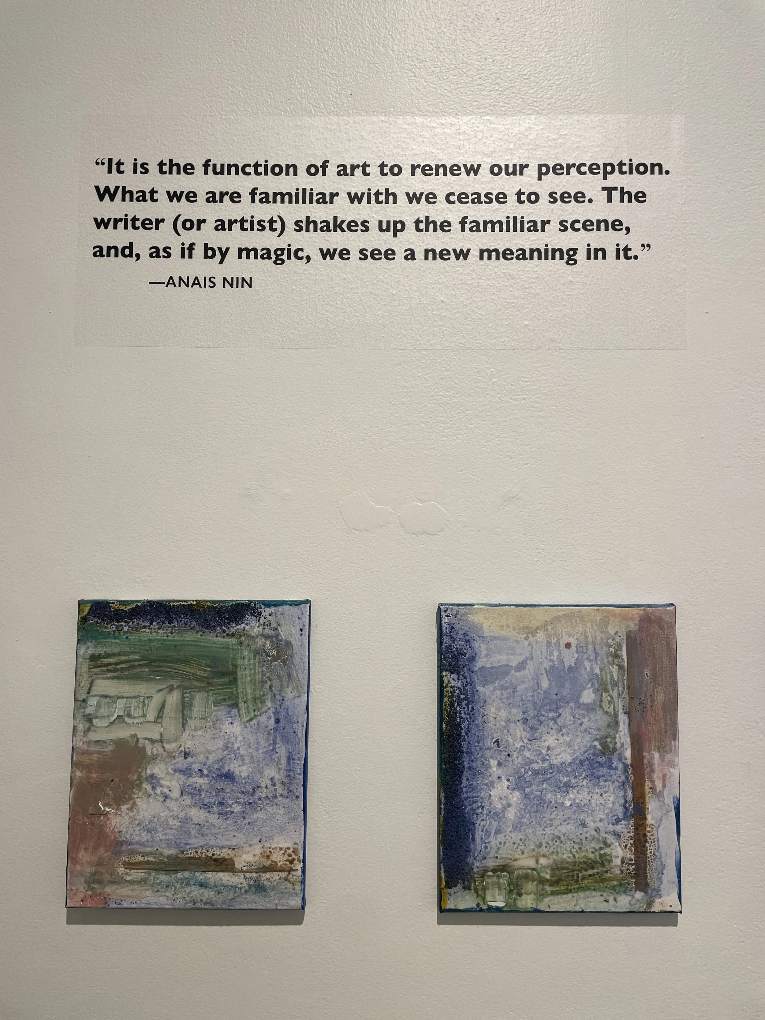 Two abstract paintings displayed on a wall beneath a quote about art and perception by Anais Nin.