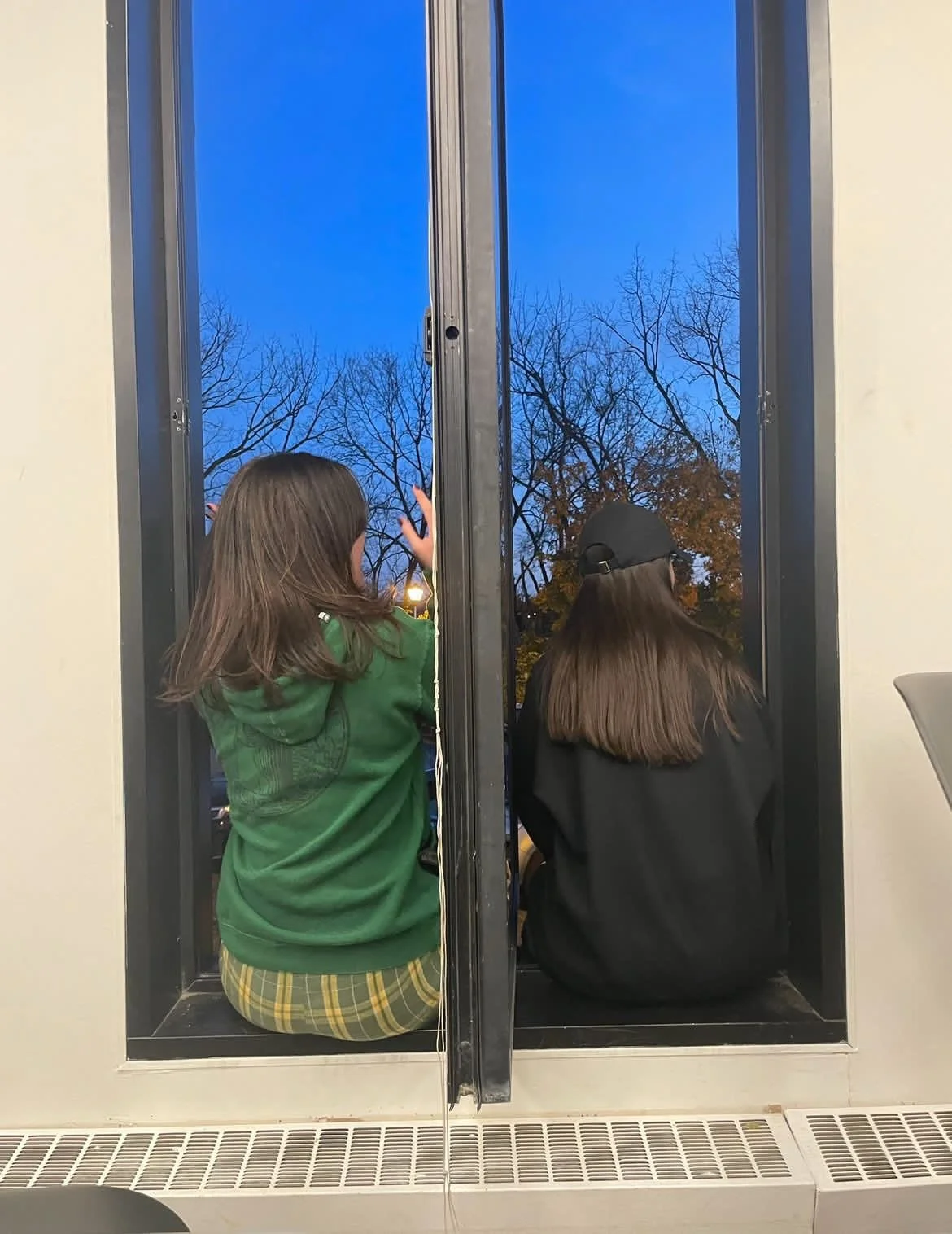 Two girls sitting on a windowsill, looking outside at bare tree branches against a blue sky.