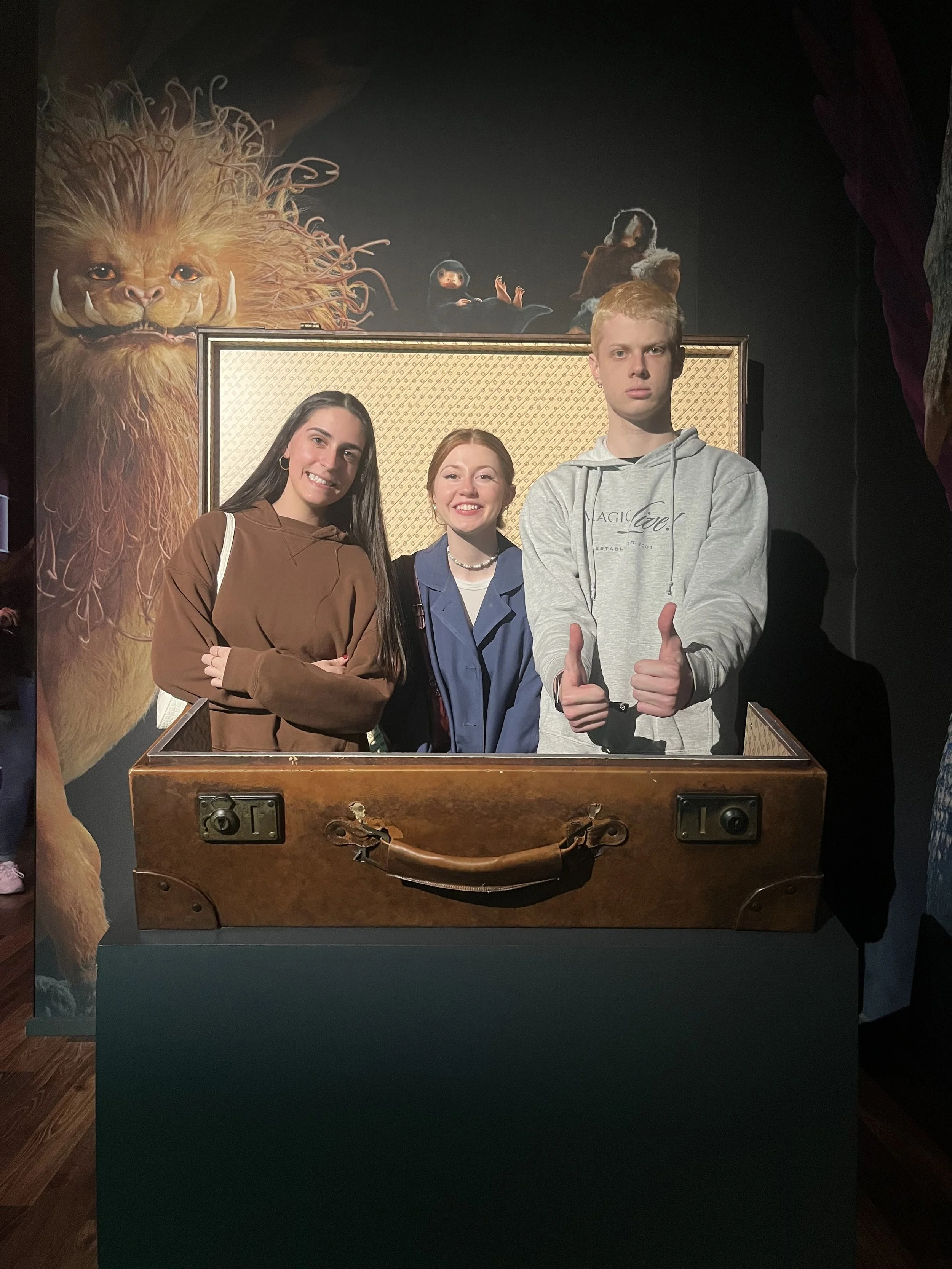 Three people posing in front of a large box with a background mural of a lion, a bird, and other animals.
