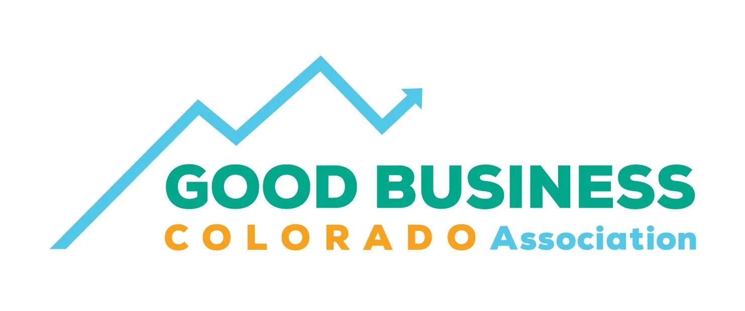 Logo for the Colorado Association of Good Business featuring a blue upward-trending graph line and the organization name in green, orange, and blue text.