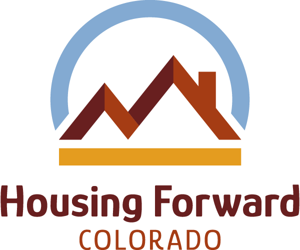 Logo for Housing Forward Colorado featuring stylized mountains, a blue arch, and text.