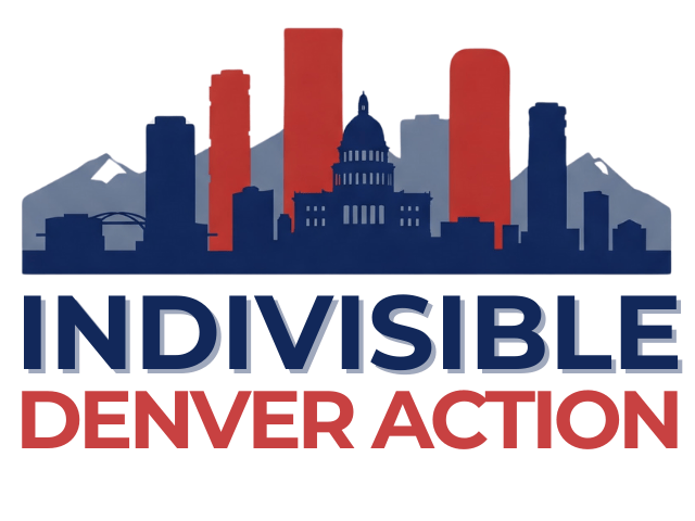 Silhouette of Denver skyline with mountains, slogan 'Indivisible Denver Action' in bold text.
