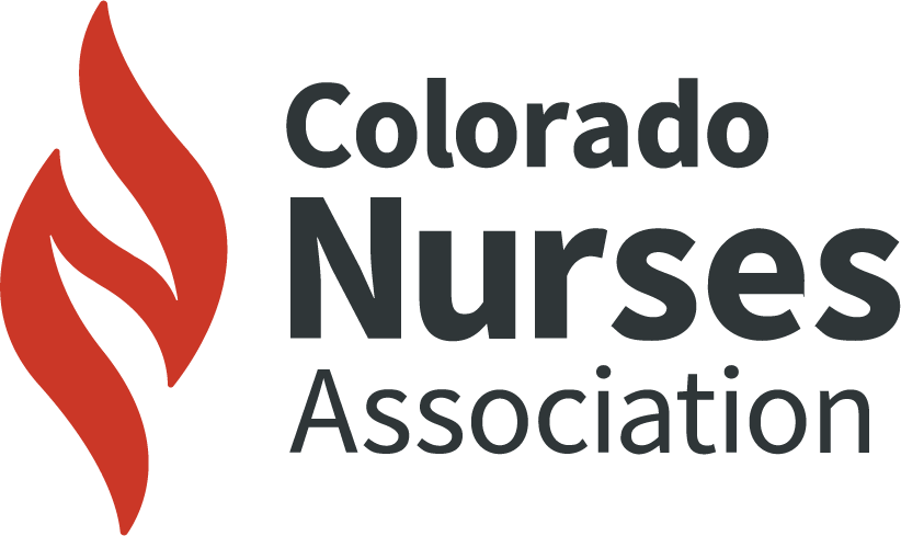 Logo of the Colorado Nurses Association featuring a stylized red flame on the left and the organization's name written in black text on the right.