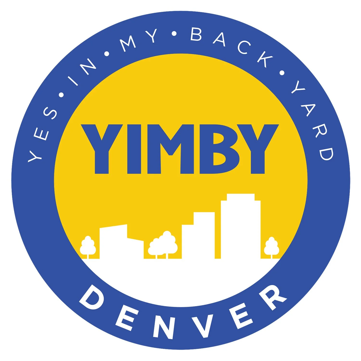 A circular logo with a blue outer ring and yellow inner circle. The outer ring has white text that reads 'YES IN MY BACKYARD DENVER,' and the inner circle features silhouettes of buildings and trees, with the word 'YIMBY' prominently displayed in blue in the center.