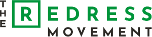 Logo of the Red Dress Movement with the word 'REDRESS' in green and black text.