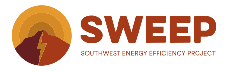 Logo for SWEEP Southwest Energy Efficiency Project featuring a mountain with sun and lightning bolt