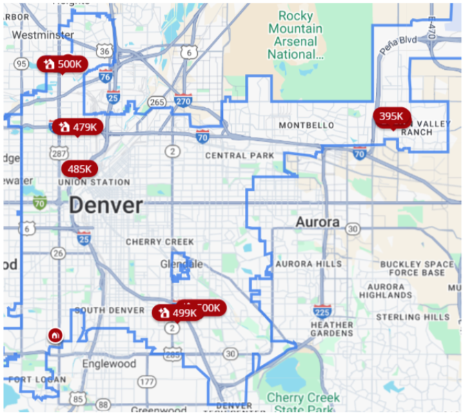Map showing various locations in Denver, Colorado, with real estate prices marked for different neighborhoods.