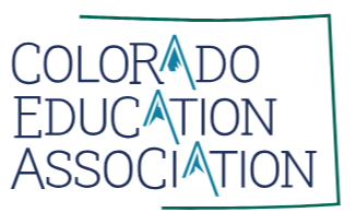 Logo of Colorado Education Association with stylized mountain peaks in the words Colorado and Education.