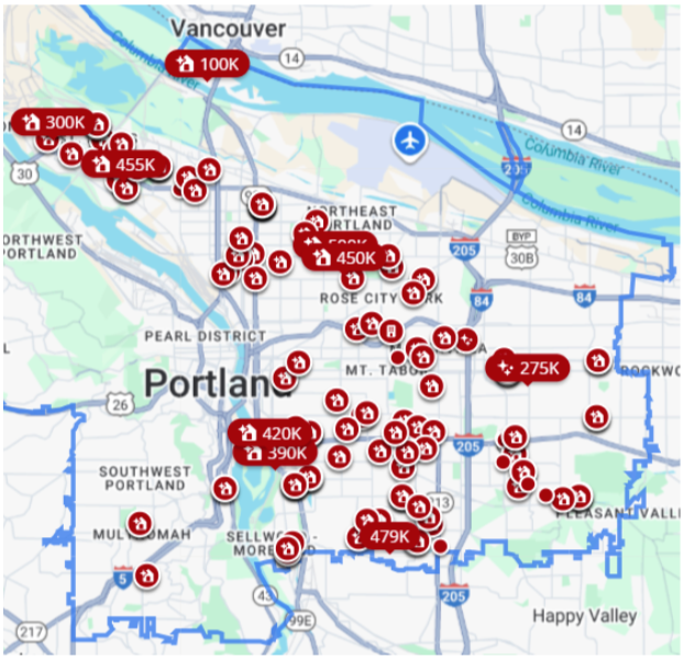 Map of Portland, Oregon showing locations and property values. Key landmarks include Vancouver and the Columbia River. Property prices are marked with red icons indicating various values in thousands of dollars, ranging from 100K to 455K.