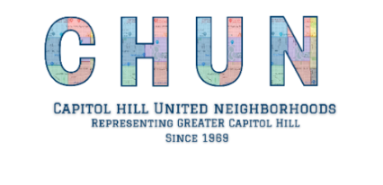 Logo for CHUN, Capitol Hill United Neighborhoods, with a colorful, pixelated design, and text indicating it represents Greater Capitol Hill since 1969.