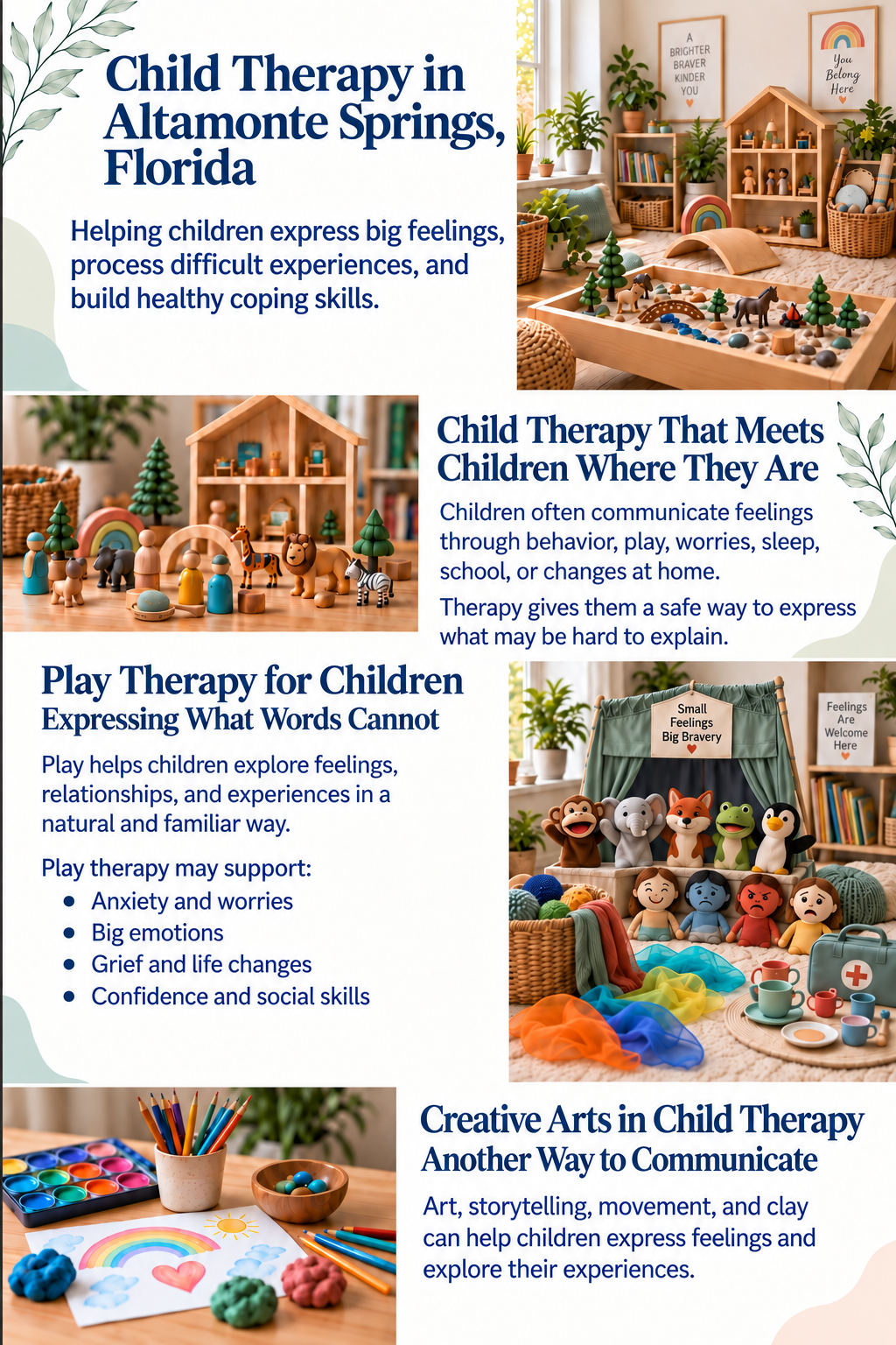 Child therapy playroom with play therapy, sand tray, puppets, and creative arts in Altamonte Springs, Florida