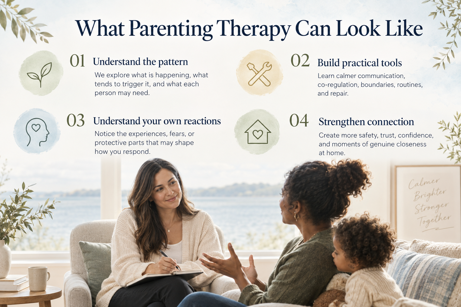 Parenting therapy session focused on communication, boundaries, co-regulation, child behavior, emotional triggers, and strengthening the parent-child relationship